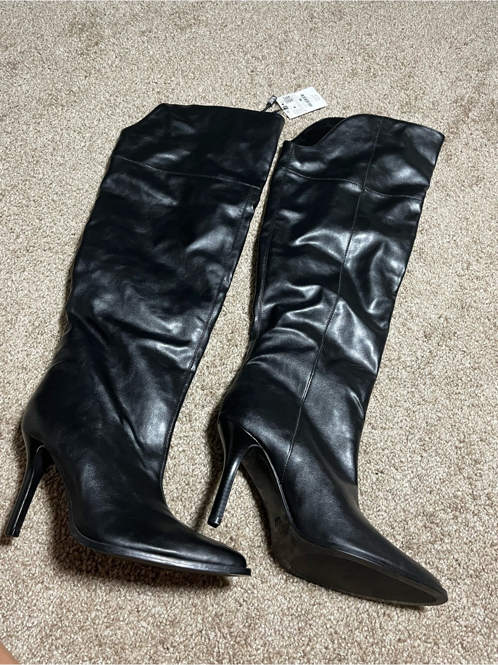 Zara Black Leather-Look Knee Boots with Stiletto Heel